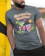 Refreshing Margarita Weather Summer Party Graphic Tshirt - model wearing grey tee, leaning on column
