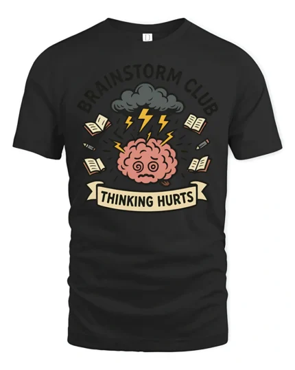 Brainstorm Club Thinking Hurts Storm Cloud Mental Graphic Tee - black t-shirt on white background