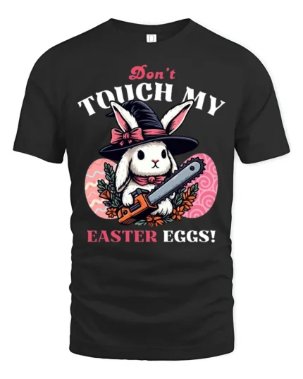 Wicked Easter Witch Bunny Chainsaw Horror Graphic Tshirt - black t-shirt on white background