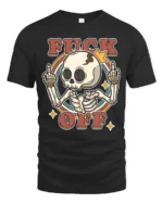 Sarcastic Skull Fuck Off Middle Finger Retro Graphic Tshirt - black t-shirt on white background