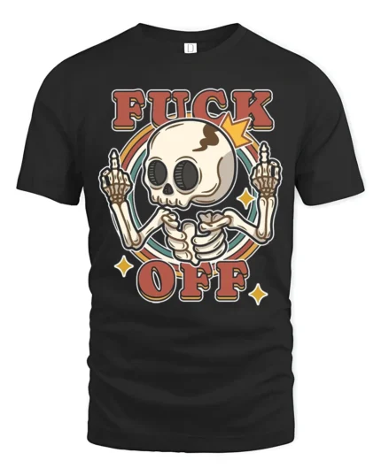 Sarcastic Skull Fuck Off Middle Finger Retro Graphic Tshirt - black t-shirt on white background