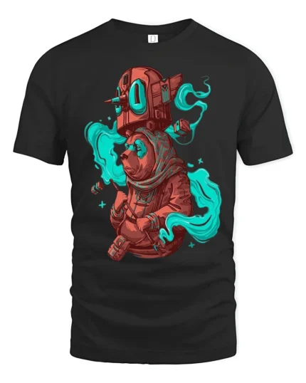 Surreal Mystic Bear Smoke Pattern Fantasy Graphic Tshirt - black t-shirt on white background