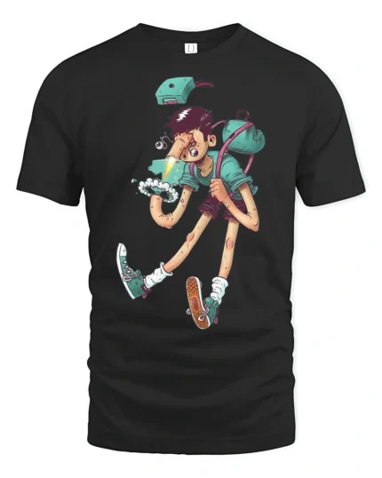 Surreal Weird Boy Long Legs Optical Illusion Graphic Tshirt - black t-shirt on white background