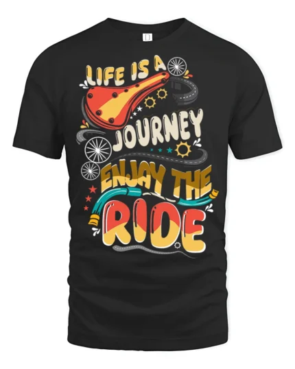 Colorful Bicycle Quote Enjoy The Ride Adventure Graphic Tee - black t-shirt on white background