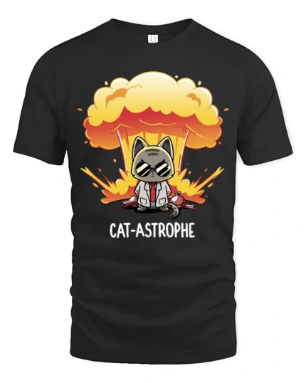 Explosive Cat Astrophe Mad Scientist Mushroom Cloud Tshirt - black t-shirt on white background