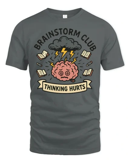 Brainstorm Club Thinking Hurts Storm Cloud Mental Graphic Tee - gray t-shirt on white background