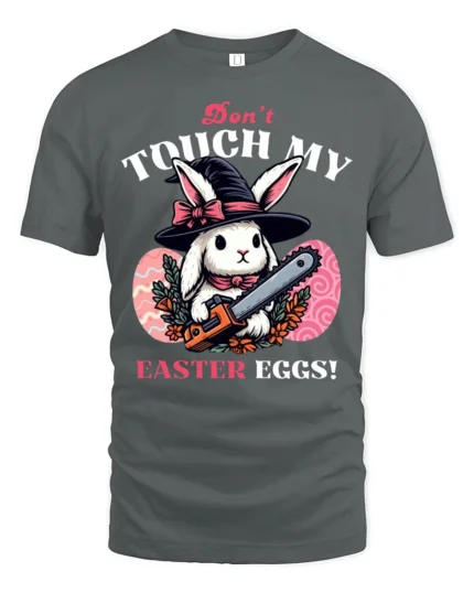 Wicked Easter Witch Bunny Chainsaw Horror Graphic Tshirt - gray t-shirt on white background