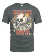 Sarcastic Skull Fuck Off Middle Finger Retro Graphic Tshirt - gray t-shirt on white background