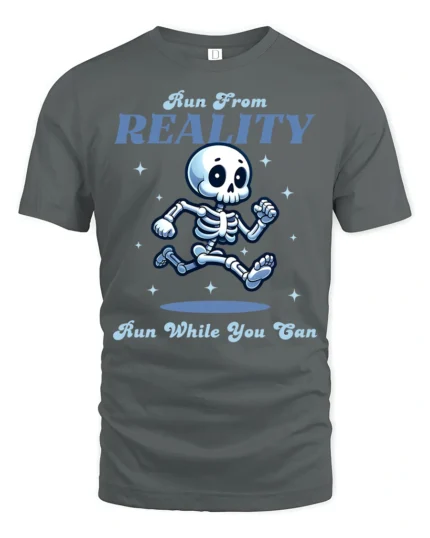 Cute Running Skeleton Run From Reality Escapism Graphic Tee - gray t-shirt on white background