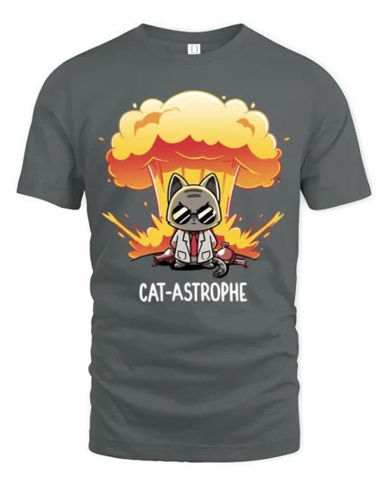 Explosive Cat Astrophe Mad Scientist Mushroom Cloud Tshirt - gray t-shirt on white background