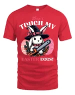 Wicked Easter Witch Bunny Chainsaw Horror Graphic Tshirt - red t-shirt on white background
