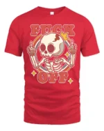 Sarcastic Skull Fuck Off Middle Finger Retro Graphic Tshirt - red t-shirt on white background