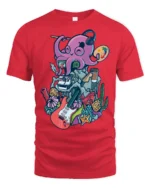 Artistic Octopus Painter Headphone Musician Graphic Tshirt - red t-shirt on white background