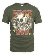 Sarcastic Skull Fuck Off Middle Finger Retro Graphic Tshirt - military green t-shirt on white background