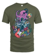Artistic Octopus Painter Headphone Musician Graphic Tshirt - military green t-shirt on white background