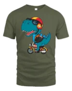 Cool Motorcycle Dinosaur Biker T Rex Retro Graphic Tshirt - military green t-shirt on white background