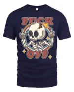 Sarcastic Skull Fuck Off Middle Finger Retro Graphic Tshirt - navy t-shirt on white background