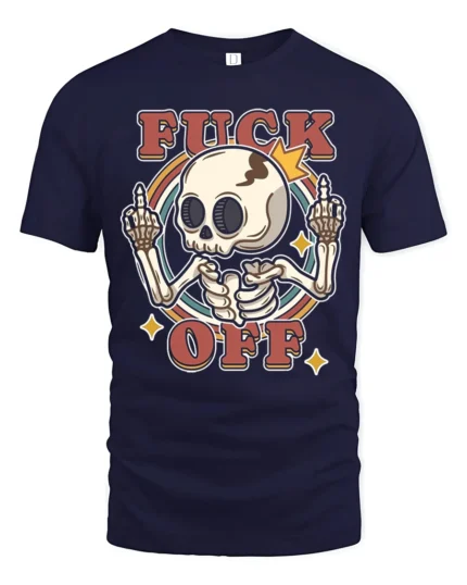 Sarcastic Skull Fuck Off Middle Finger Retro Graphic Tshirt - navy t-shirt on white background