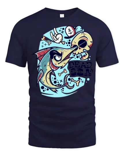 Angry Swordfish Dead Sea Skull Sailor Graphic Tshirt - navy t-shirt on white background