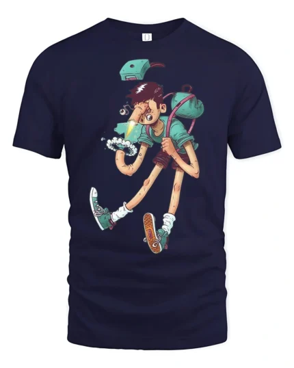 Surreal Weird Boy Long Legs Optical Illusion Graphic Tshirt - navy t-shirt on white background