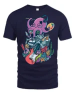 Artistic Octopus Painter Headphone Musician Graphic Tshirt - navy t-shirt on white background