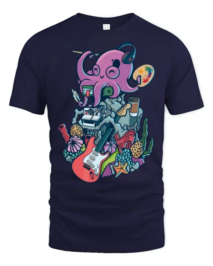 Artistic Octopus Painter Headphone Musician Graphic Tshirt - navy t-shirt on white background