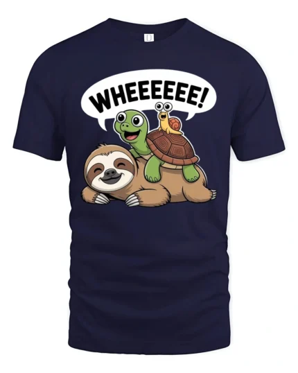 Hilarious Sloth And Turtle Riding Fast Speed Graphic T-shirt - navy t-shirt on white background