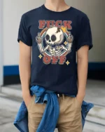 Sarcastic Skull Fuck Off Middle Finger Retro Graphic Tshirt - model wearing navy tee with hands in pockets
