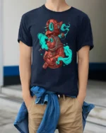 Surreal Mystic Bear Smoke Pattern Fantasy Graphic Tshirt - model wearing navy tee with hands in pockets