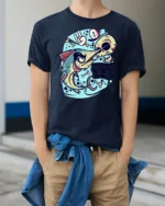 Angry Swordfish Dead Sea Skull Sailor Graphic Tshirt - model wearing navy tee with hands in pockets