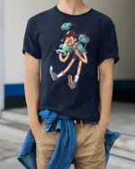 Surreal Weird Boy Long Legs Optical Illusion Graphic Tshirt - model wearing navy tee with hands in pockets