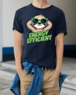 Chilled Energy Efficient Sloth Sunglasses Funny Graphic Tee - model wearing navy tee with hands in pockets