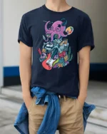 Artistic Octopus Painter Headphone Musician Graphic Tshirt - model wearing navy tee with hands in pockets