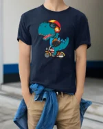 Cool Motorcycle Dinosaur Biker T Rex Retro Graphic Tshirt - model wearing navy tee with hands in pockets