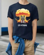 Explosive Cat Astrophe Mad Scientist Mushroom Cloud Tshirt - model wearing navy tee with hands in pockets