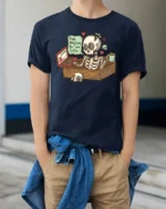 Skeleton Office Overwork Keep Working No Time To Die Tshirt - model wearing navy tee with hands in pockets