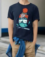 Chilly Winter Owl Beanie Hat Snow Goggles Graphic Tshirt - model wearing navy tee with hands in pockets