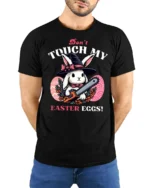 Wicked Easter Witch Bunny Chainsaw Horror Graphic Tshirt - model wearing black tee with hands behind back