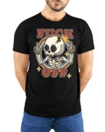 Sarcastic Skull Fuck Off Middle Finger Retro Graphic Tshirt - model wearing black tee with hands behind back