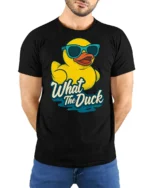 Cool Rubber Duck Wearing Sunglasses What The Duck Tshirt - model wearing black tee with hands behind back