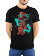 Surreal Mystic Bear Smoke Pattern Fantasy Graphic Tshirt - model wearing black tee with hands behind back