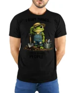 Funny Frog Gardener I Bury Things Sarcastic Graphic Tee - model wearing black tee with hands behind back