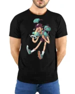 Surreal Weird Boy Long Legs Optical Illusion Graphic Tshirt - model wearing black tee with hands behind back