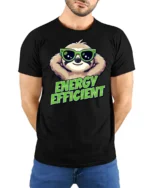 Chilled Energy Efficient Sloth Sunglasses Funny Graphic Tee - model wearing black tee with hands behind back