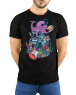 Artistic Octopus Painter Headphone Musician Graphic Tshirt - model wearing black tee with hands behind back