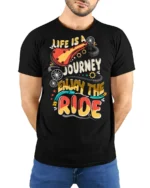 Colorful Bicycle Quote Enjoy The Ride Adventure Graphic Tee - model wearing black tee with hands behind back