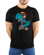Cool Motorcycle Dinosaur Biker T Rex Retro Graphic Tshirt - model wearing black tee with hands behind back