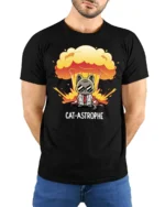 Explosive Cat Astrophe Mad Scientist Mushroom Cloud Tshirt - model wearing black tee with hands behind back
