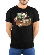 Skeleton Office Overwork Keep Working No Time To Die Tshirt - model wearing black tee with hands behind back