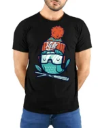 Chilly Winter Owl Beanie Hat Snow Goggles Graphic Tshirt - model wearing black tee with hands behind back